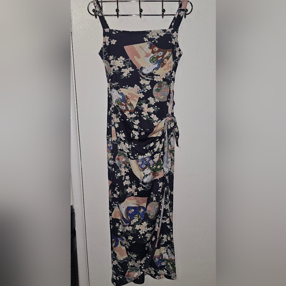 Vintage 90s Geisha Cherry Blossom Midi Slip Dress Wrap Tie Diamonds USA M